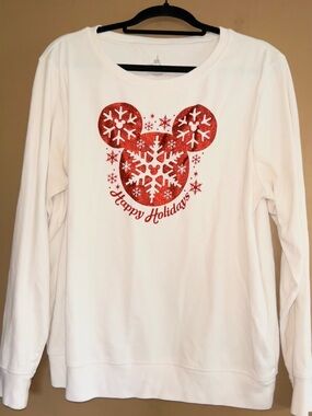 White Holiday Sweatshirt with Red Glitter Mickey Snowflake